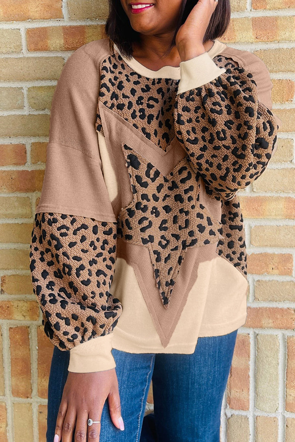 Light French Beige Leopard Star Color Block Patchwork Textured Baggy Sweatshirt Dear-Lover Dropshipping