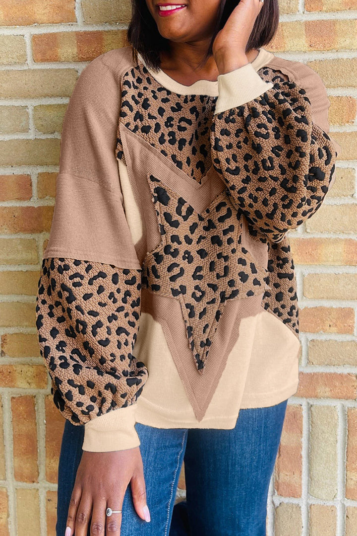 Light French Beige Leopard Star Color Block Patchwork Textured Baggy Sweatshirt Dear-Lover Dropshipping
