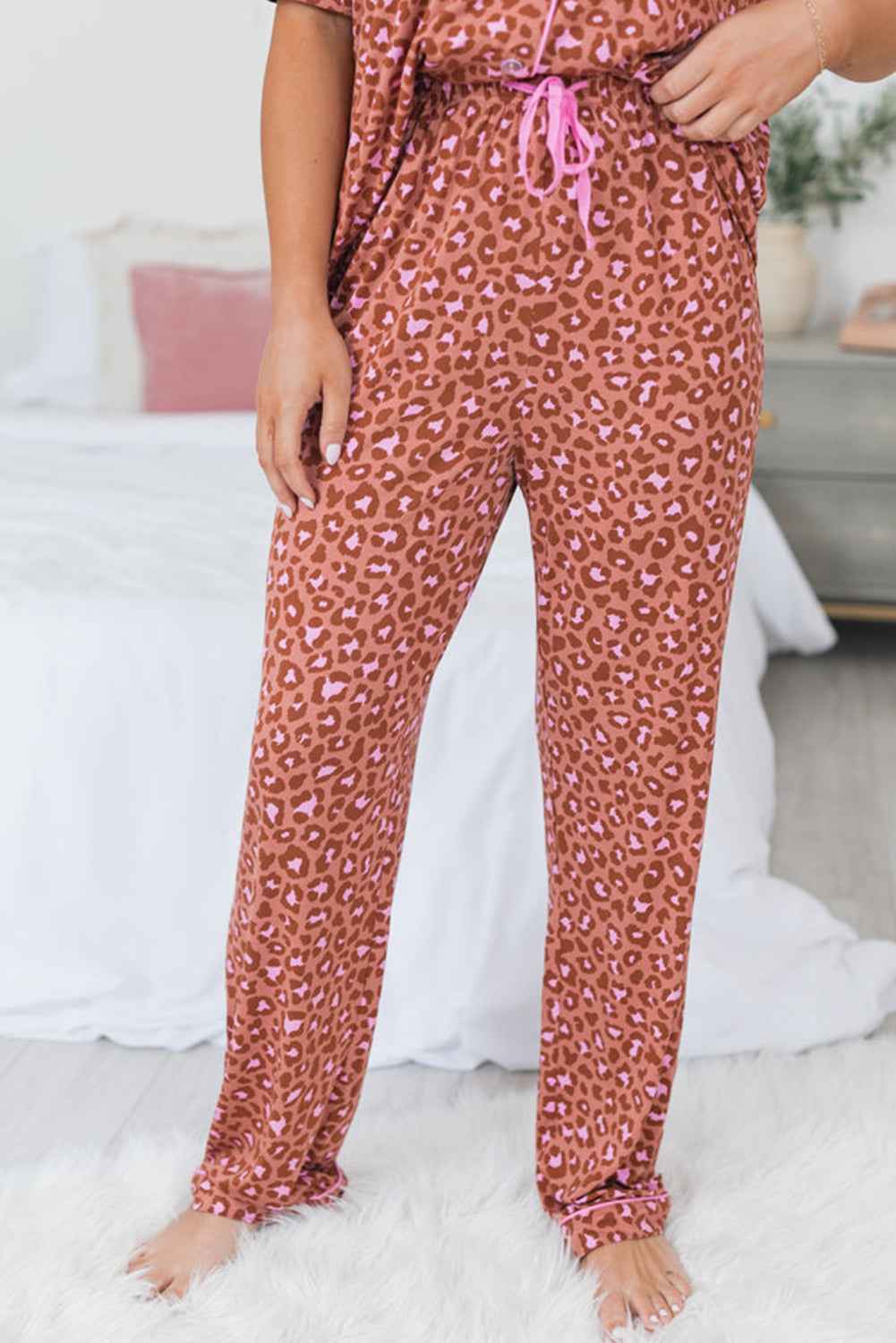 Brown Leopard Print Short Sleeve Shirt and Pants Pajamas Set Dear-Lover Dropshipping
