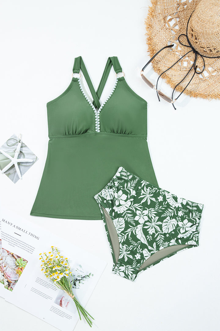 Four Leaf Clover O-ring Knot Back Straps Ricrac Trim V Neck Tankini Contrast Printed Swim Short 2pcs Set Dear-Lover Dropshipping