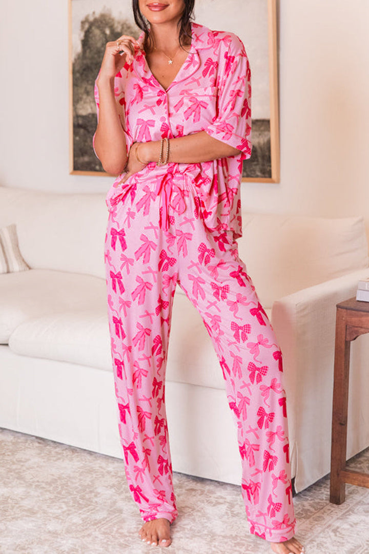 Pink Bow Knot Print Lapel Collar Short Sleeve and Pants Pajamas Set Dear-Lover Dropshipping