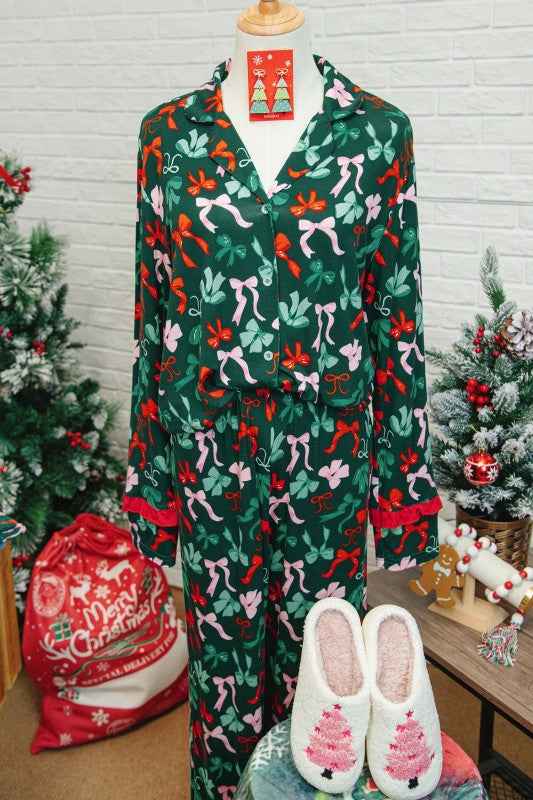 Bow Button-Up Top and Pants Pajama Set