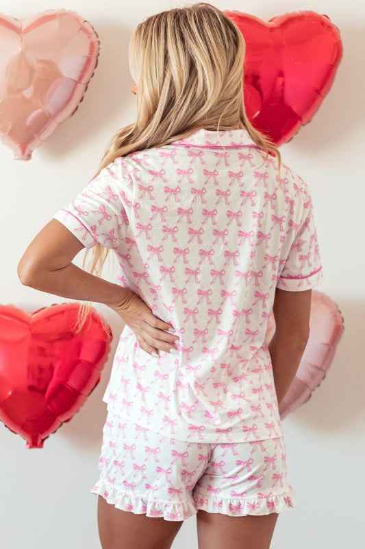 Bow Short Sleeve Top and Shorts Pajama Set