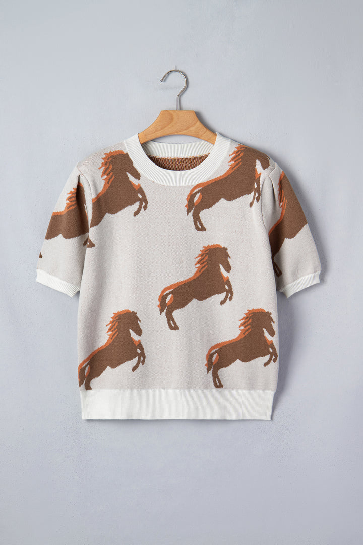 White Western Horse Printed Short Puff Sleeve Sweater Dear-Lover Dropshipping