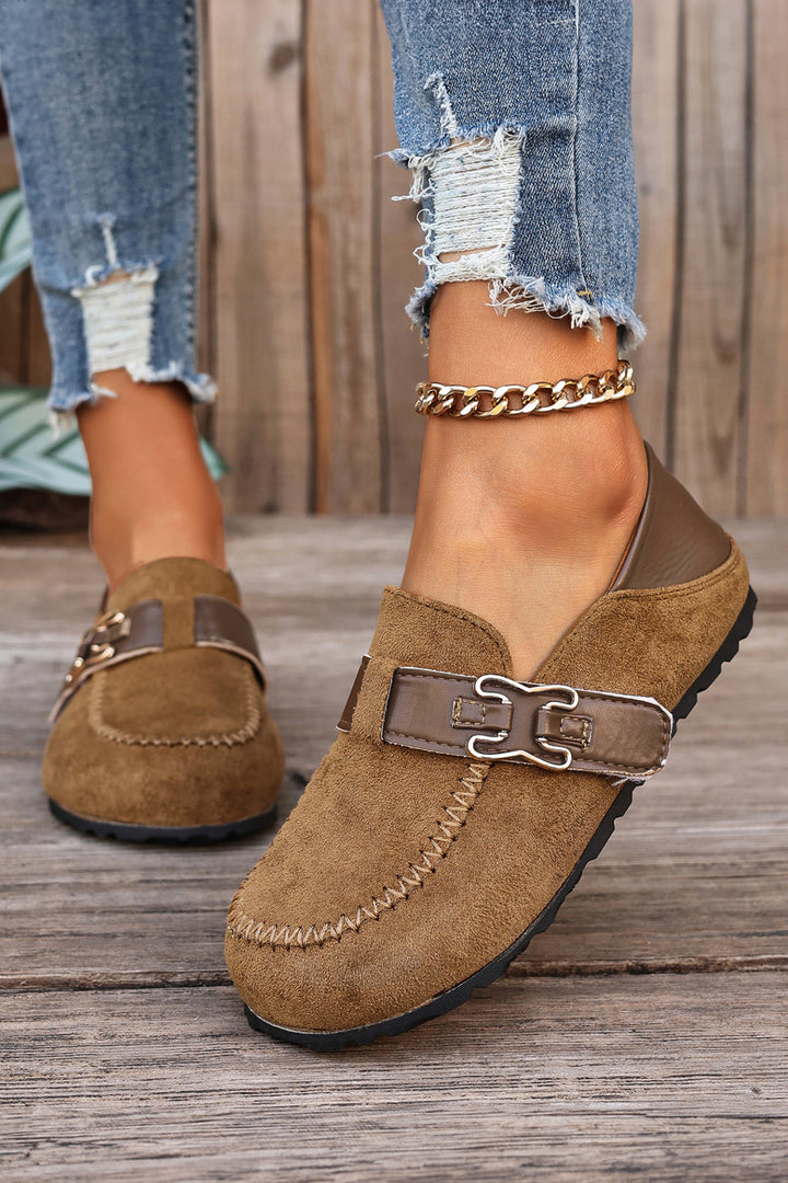Khaki Faux Suede PU Leather Patchwork Retro Buckle Slip On Shoes Dear-Lover Dropshipping