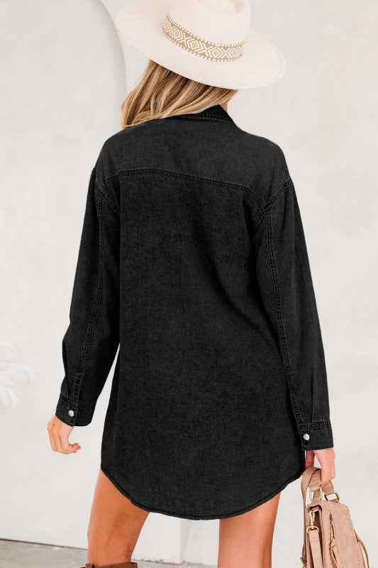 Solid Denim Chest Pocket Raw Hem Shirt Dress