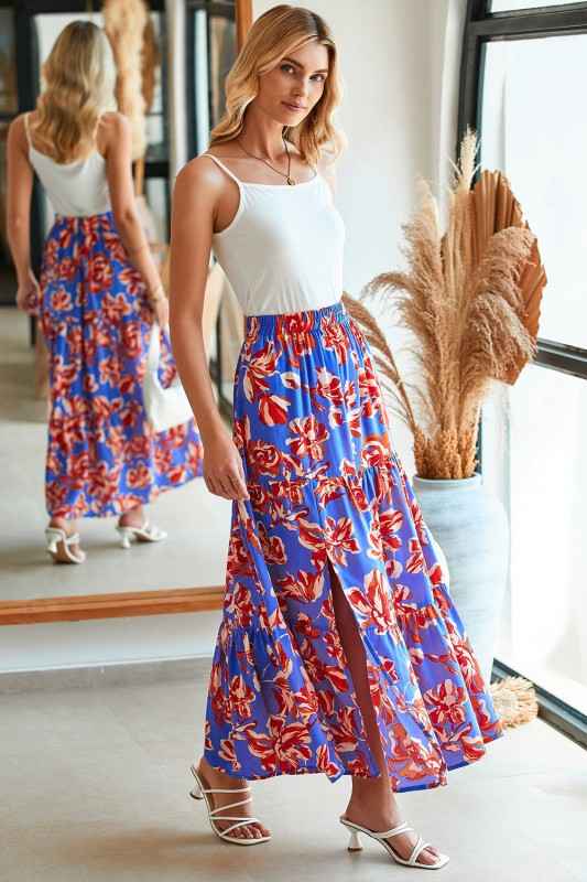 Boho Floral Tiered Side Slit Maxi Skirt