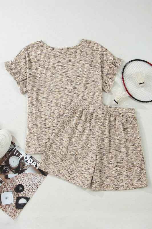 Textured Ruffle Sleeve Top & Drawstring Shorts Set