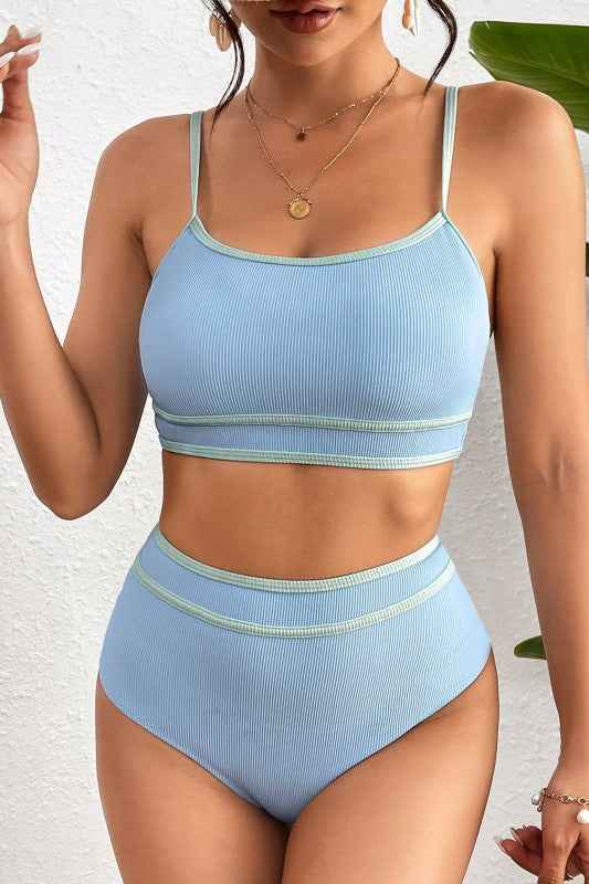 Ribbed Contrast Trim Spaghetti Strap Bikini Set
