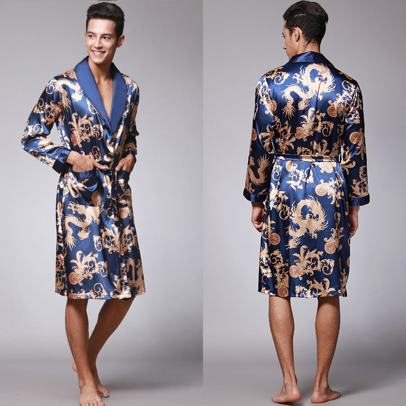 Nightgown Silk Ice Silk Men's Pajamas Men's Long Sleeve Nightgown Bathrobes Home Clothing eprolo