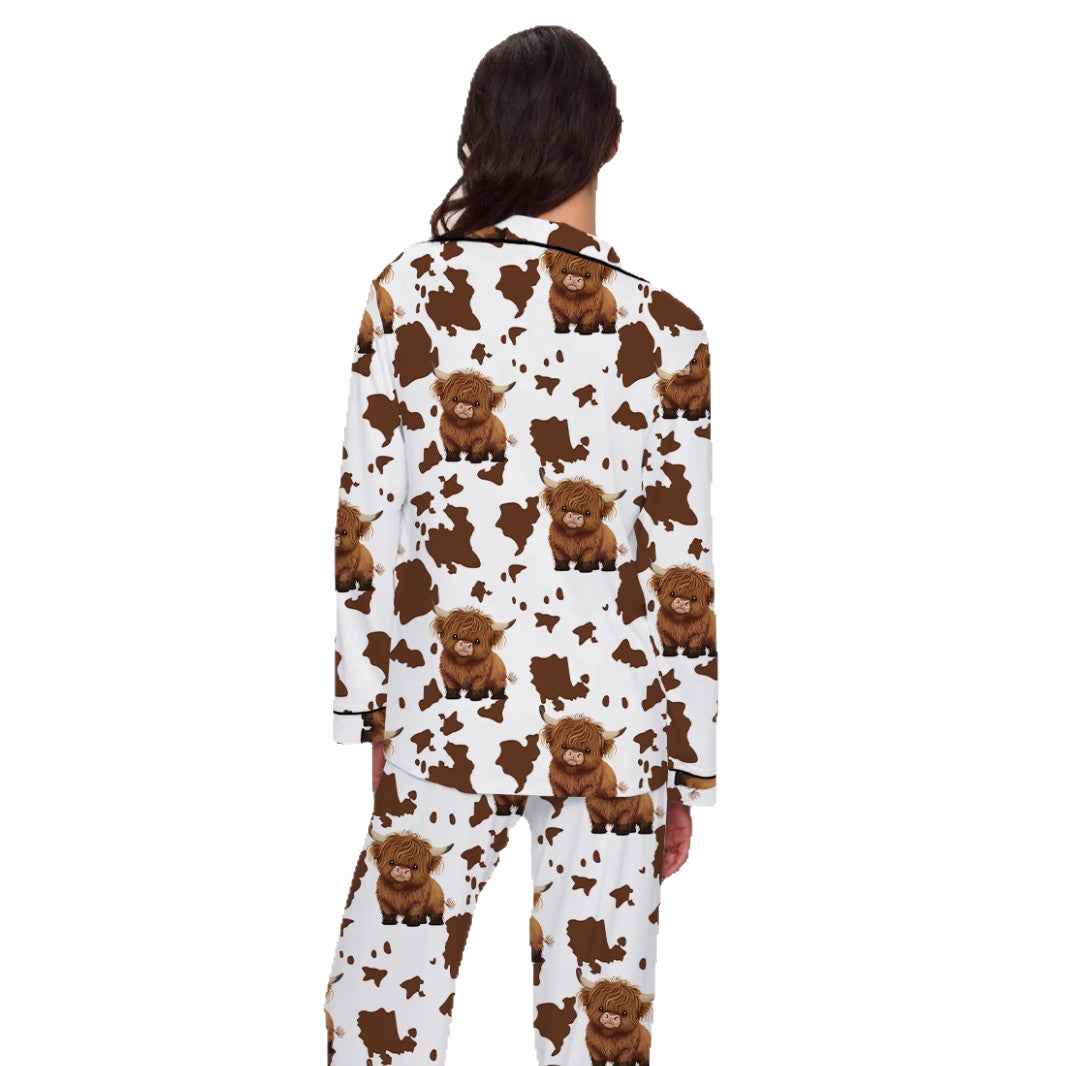 Comfortable Brown Cow Print Milk Silk Long Sleeve Long Pants Pajamas for Women, Cozy Home Wear Set