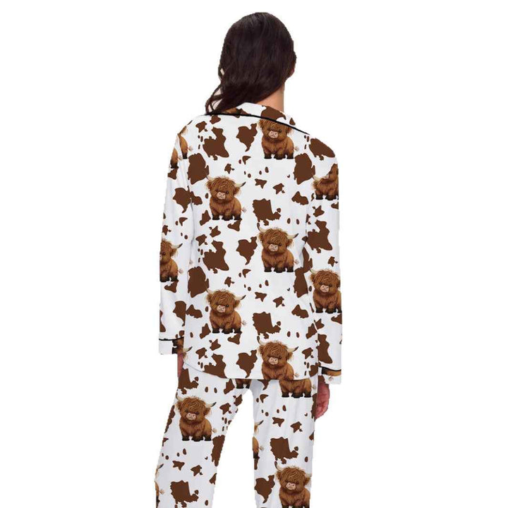 Comfortable Brown Cow Print Milk Silk Long Sleeve Long Pants Pajamas for Women, Cozy Home Wear Set