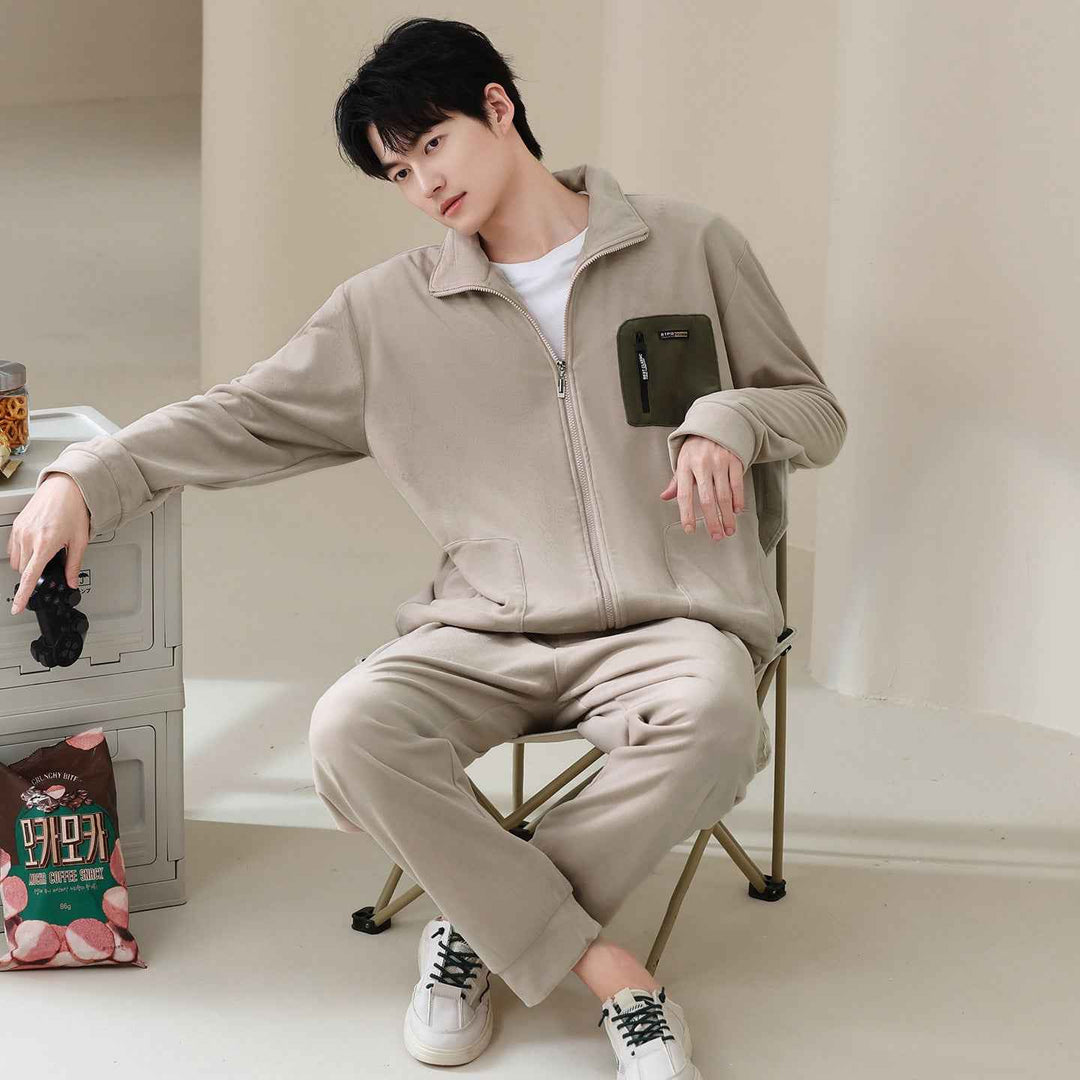 Men's thick and warm standing collar zipper home clothes in pajamas