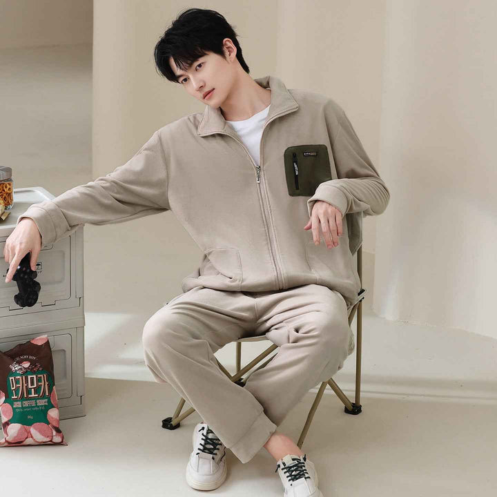 Men's thick and warm standing collar zipper home clothes in pajamas