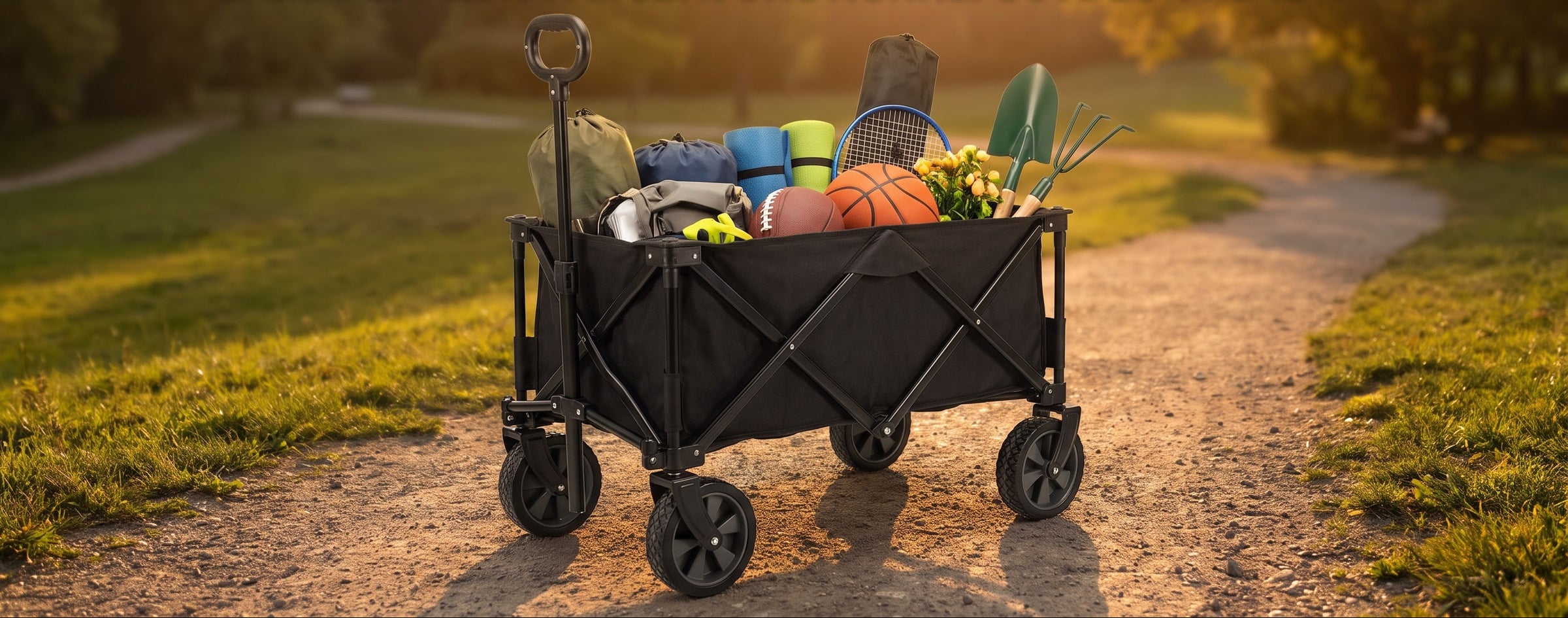 A black all-terrain heavy duty utility cart loaded with sports and outdoor gear, parked on a dirt path in a park during golden hour. Large white text at the top reads 'ALL-TERRAIN HEAVY DUTY CART' with smaller text below.