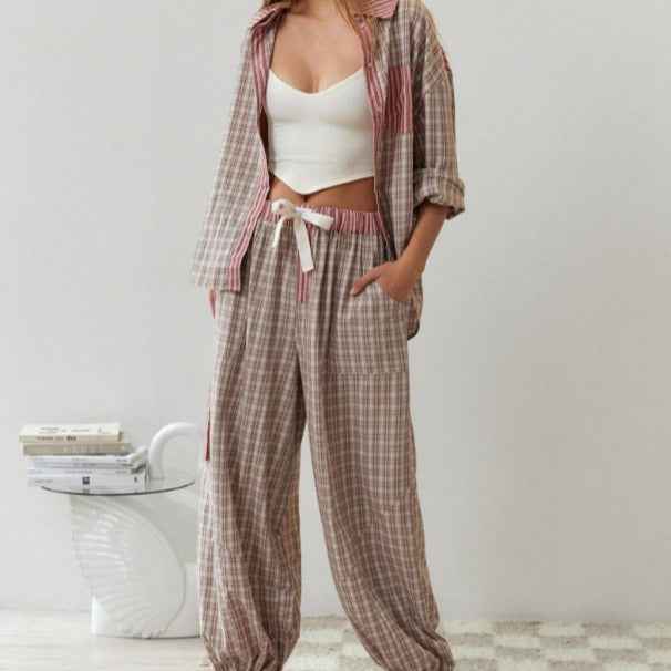 Women's casual home wear plaid shirt set pajamas long sleeved eprolo