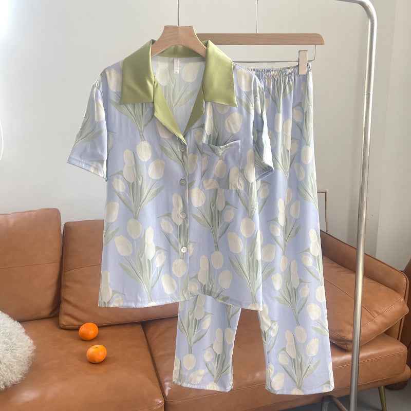 Tulip Short Sleeve Trousers Pajamas French Imitation Silk Women's Home Wear eprolo