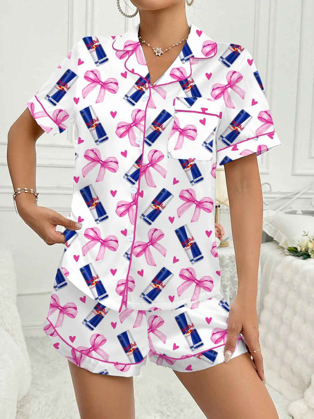 Fashionable Floral Blue Canister Bow Collar Short Sleeve Shorts Loose Sleepwear Women's Pajamas