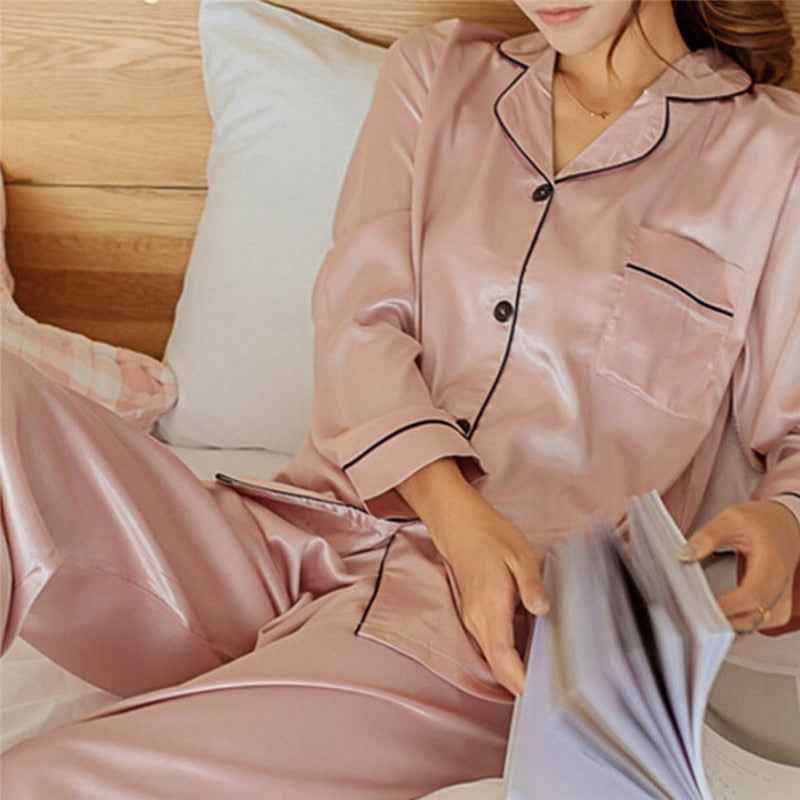 2 Piece Set Loungewear Womens Silk Satin Pajamas Pyjamas Set Long Sleeve Sleepwear Pijama Pajamas Suit Female Sleep eprolo