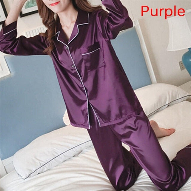 2 Piece Set Loungewear Womens Silk Satin Pajamas Pyjamas Set Long Sleeve Sleepwear Pijama Pajamas Suit Female Sleep eprolo