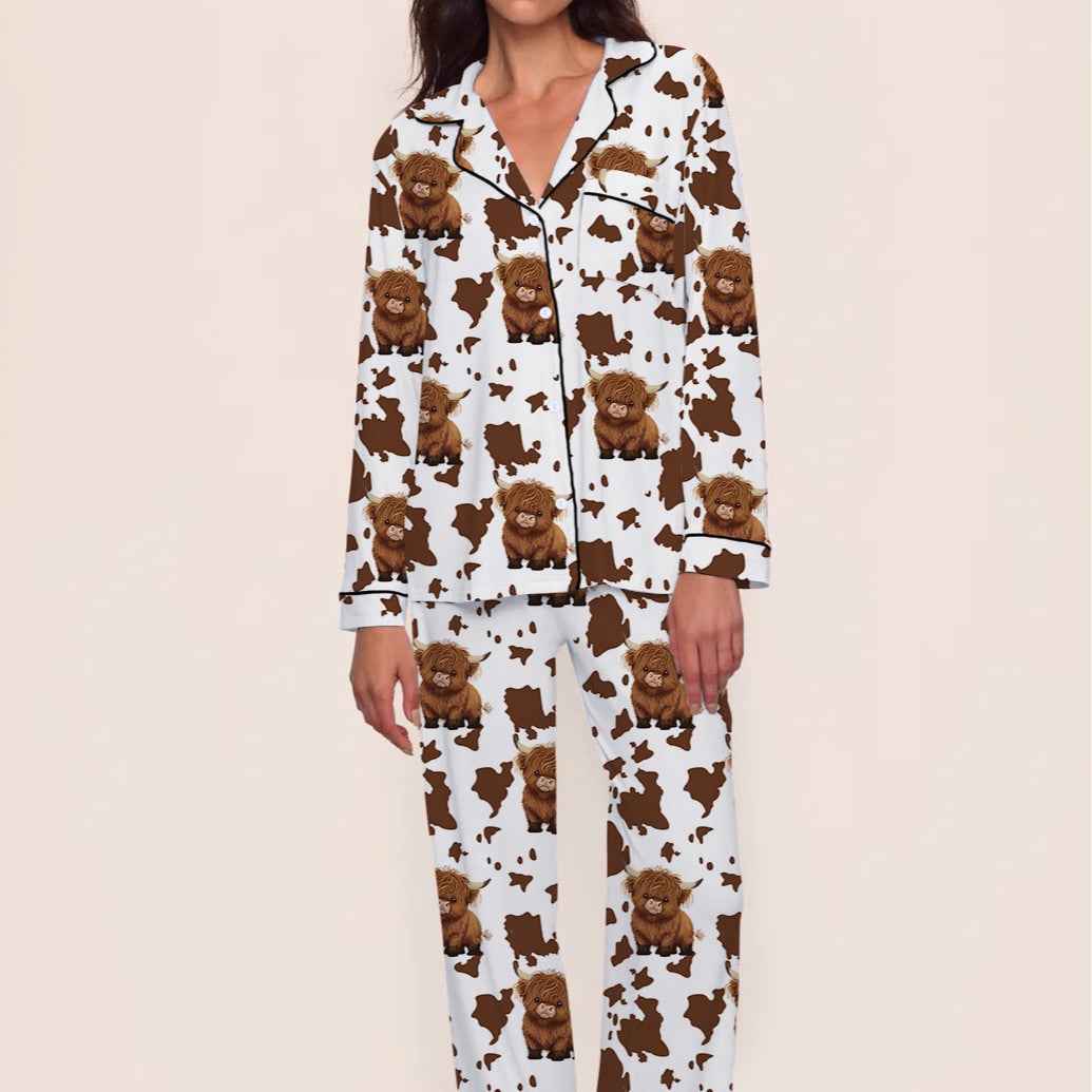 Comfortable Brown Cow Print Milk Silk Long Sleeve Long Pants Pajamas for Women, Cozy Home Wear Set eprolo