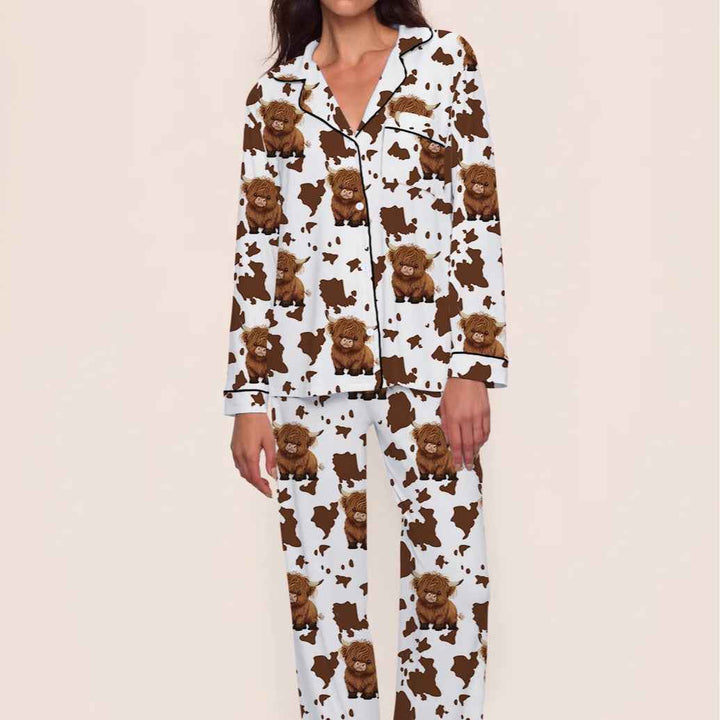 Comfortable Brown Cow Print Milk Silk Long Sleeve Long Pants Pajamas for Women, Cozy Home Wear Set