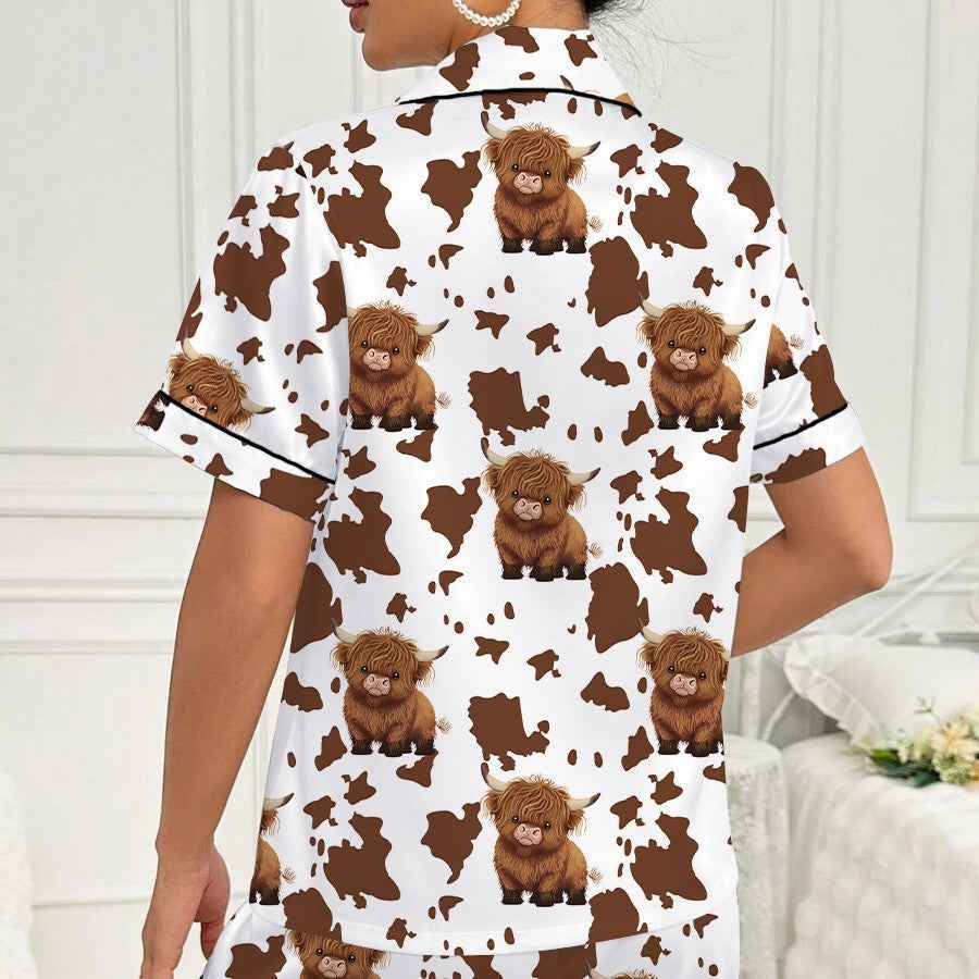 Brown Highlands Cow Flip Collar Loose Milk Silk Short Sleeve Shorts Women's Pajamas Loungewear