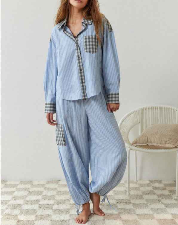 Women's casual home wear plaid shirt set pajamas long sleeved
