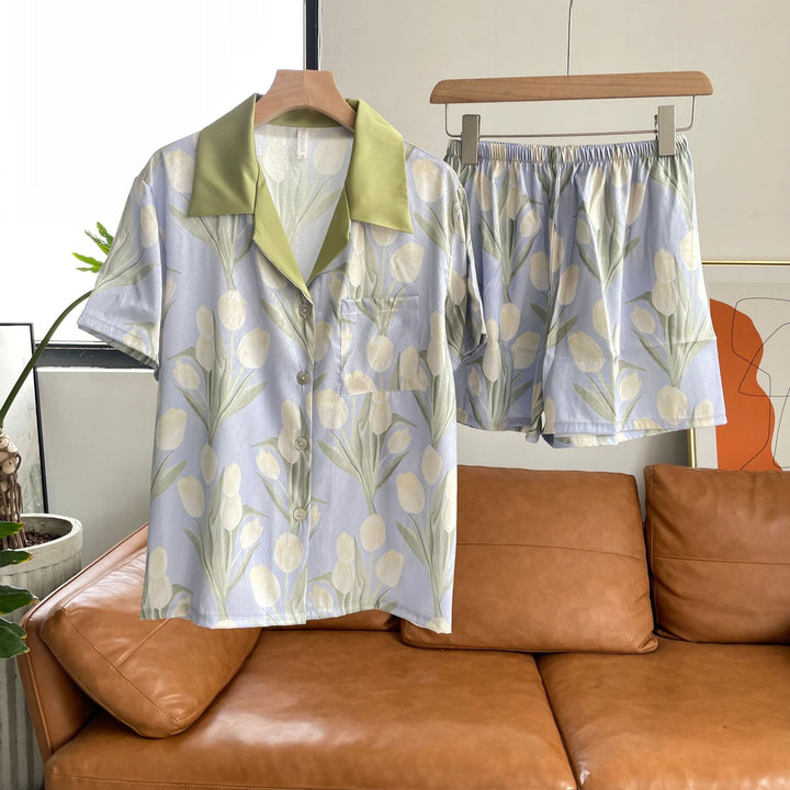 Tulip Short Sleeve Trousers Pajamas French Imitation Silk Women's Home Wear eprolo
