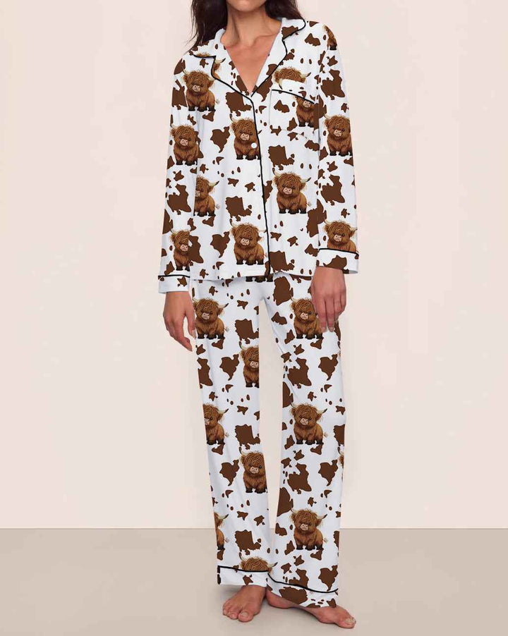 Comfortable Brown Cow Print Milk Silk Long Sleeve Long Pants Pajamas for Women, Cozy Home Wear Set