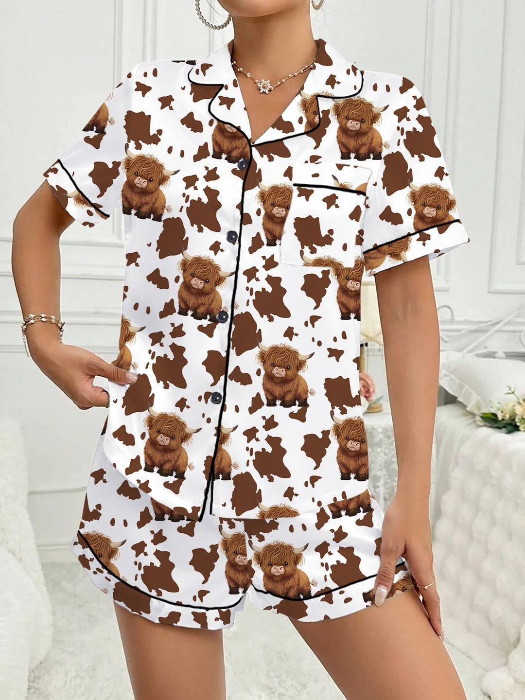 Brown Highlands Cow Flip Collar Loose Milk Silk Short Sleeve Shorts Women's Pajamas Loungewear eprolo