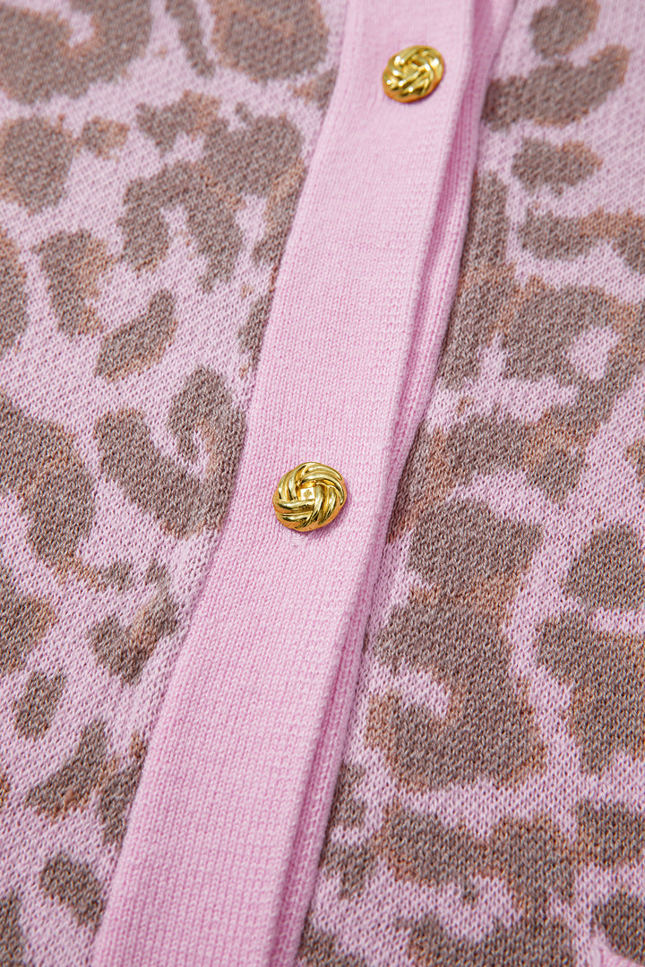 Pink Leopard Button Down Short Sleeve Sweater Cardigan Dear-Lover Dropshipping