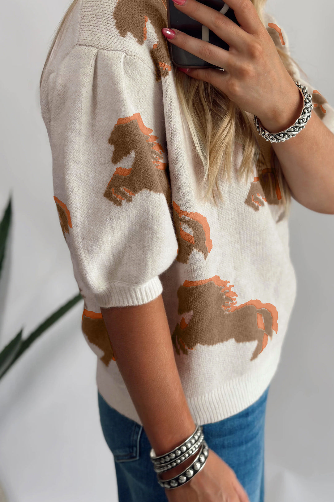 White Western Horse Printed Short Puff Sleeve Sweater Dear-Lover Dropshipping