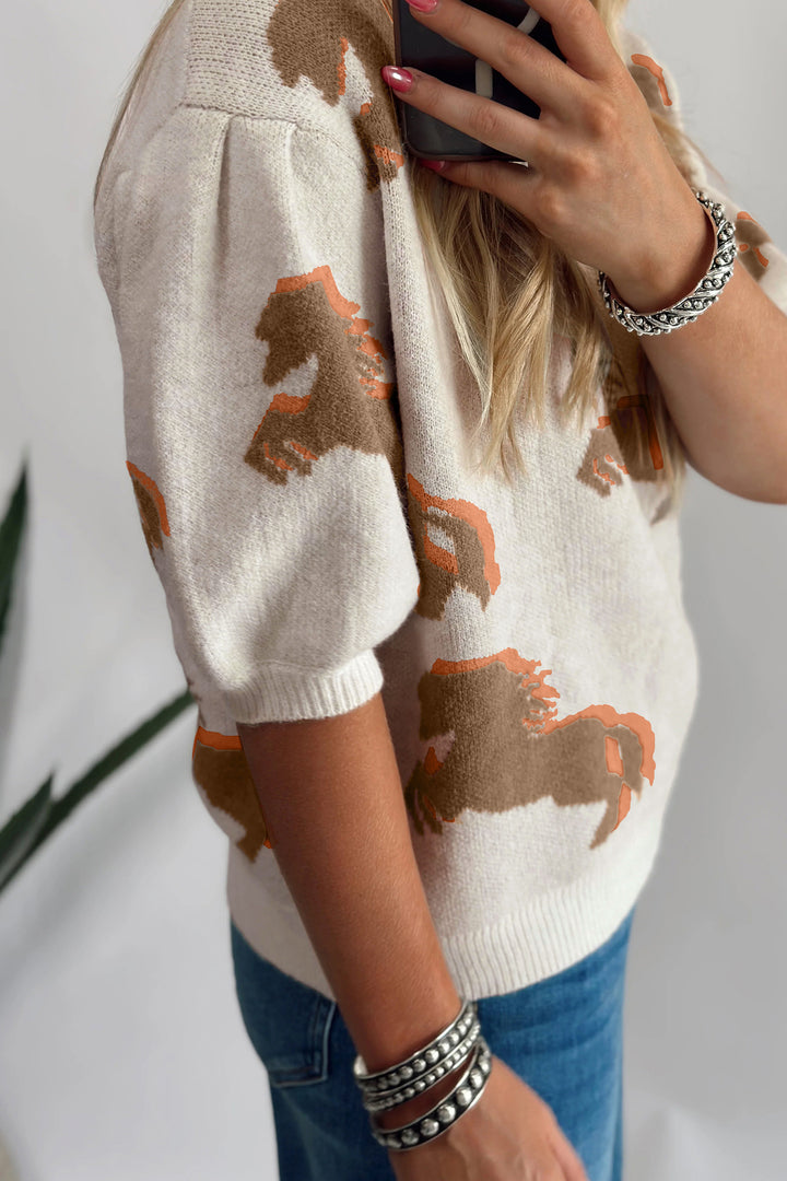 White Western Horse Printed Short Puff Sleeve Sweater Dear-Lover Dropshipping