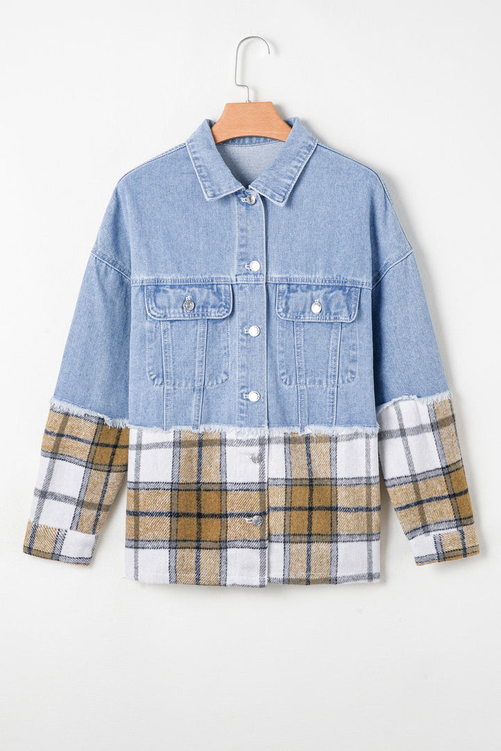 Khaki Plaid Patchwork Buttoned Oversized Denim Jacket Dear-Lover Dropshipping