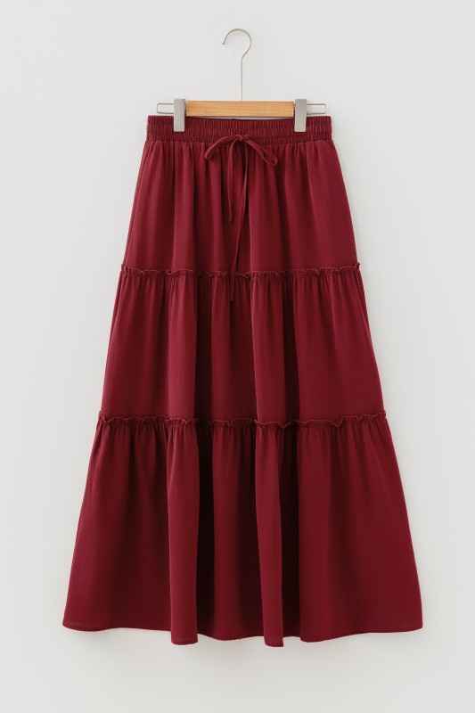 Solid Frilled Tiered Drawstring Waist Maxi Skirt