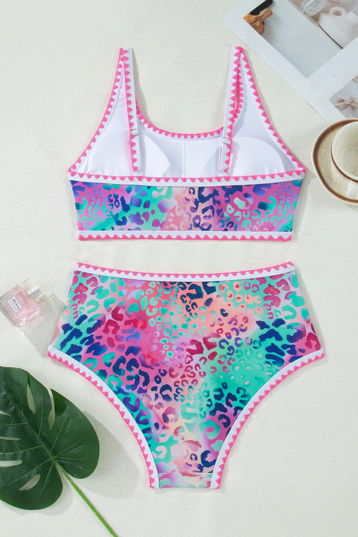 Pink Leopard Ricrac Trim Square Neck High Waist Bikinich Dear-Lover Dropshipping