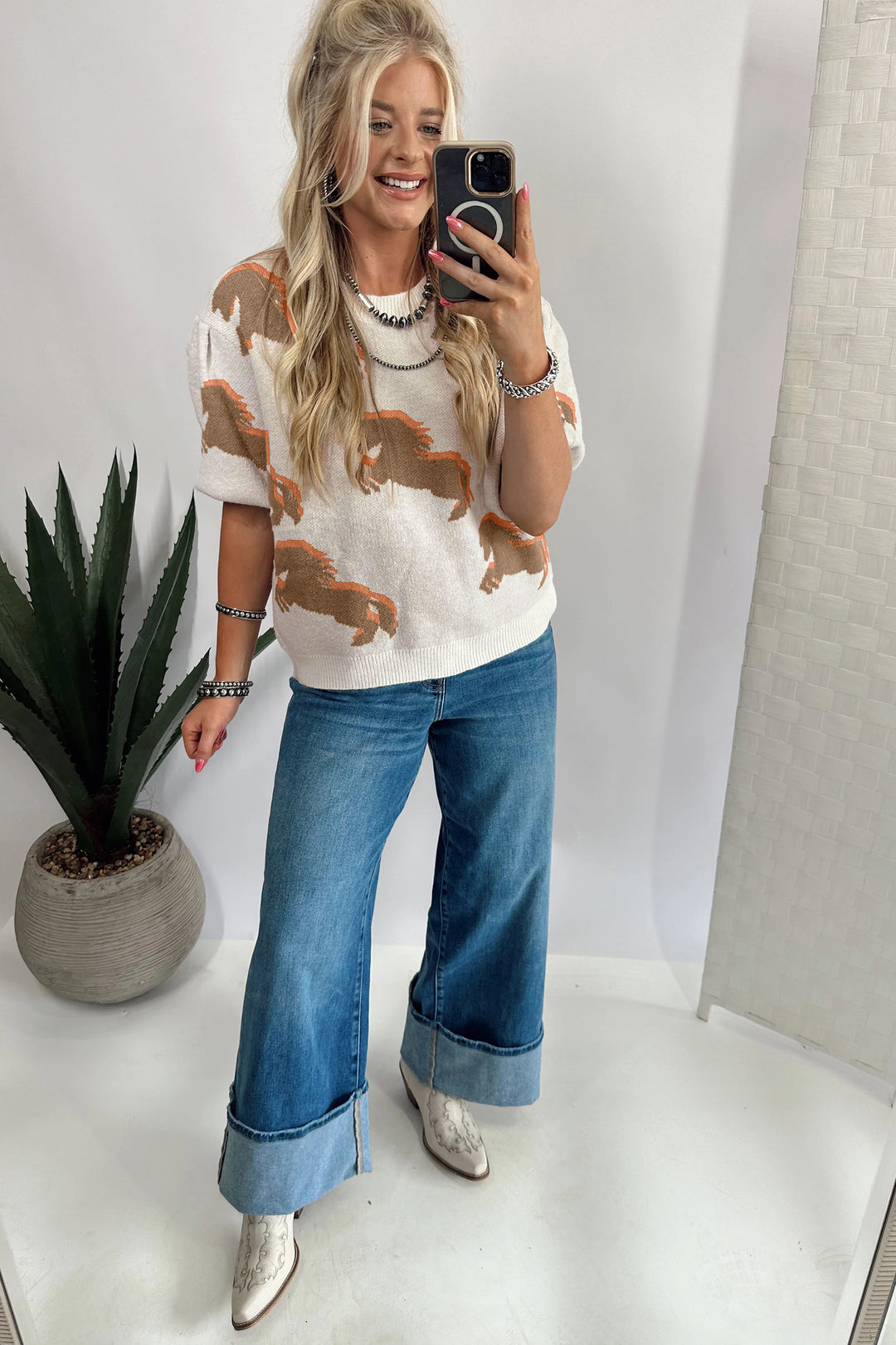 White Western Horse Printed Short Puff Sleeve Sweater Dear-Lover Dropshipping