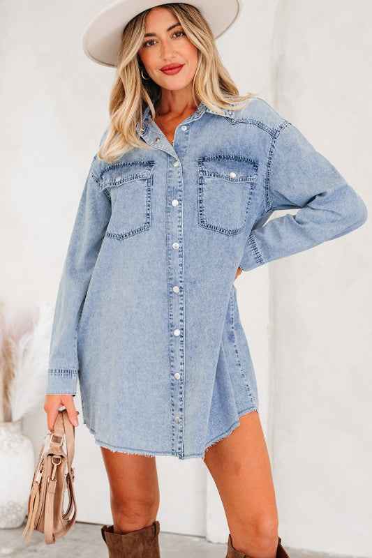 Solid Denim Chest Pocket Raw Hem Shirt Dress
