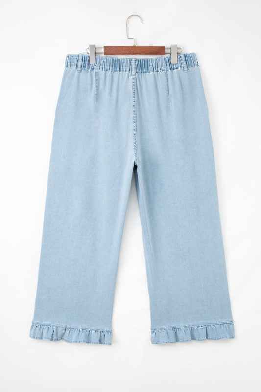 Plus Size Denim Elastic Waist Wide Leg Pants