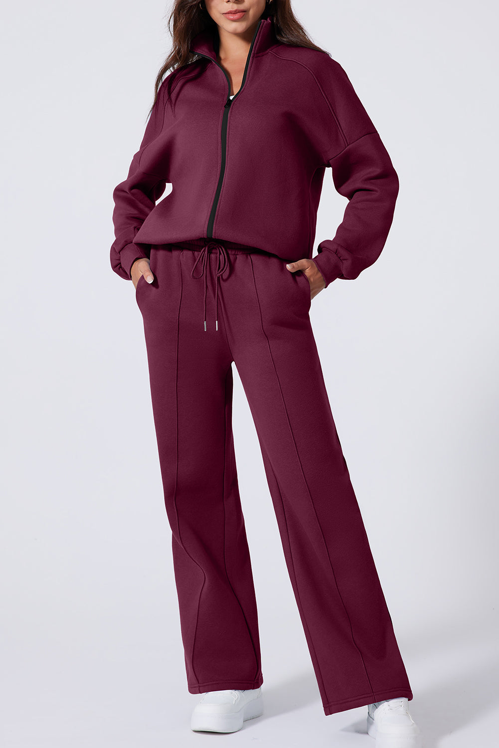 Burgundy Drop Shoulder Zip Up Jacket Drawstring Pants Active 2pcs Set Dear-Lover Dropshipping