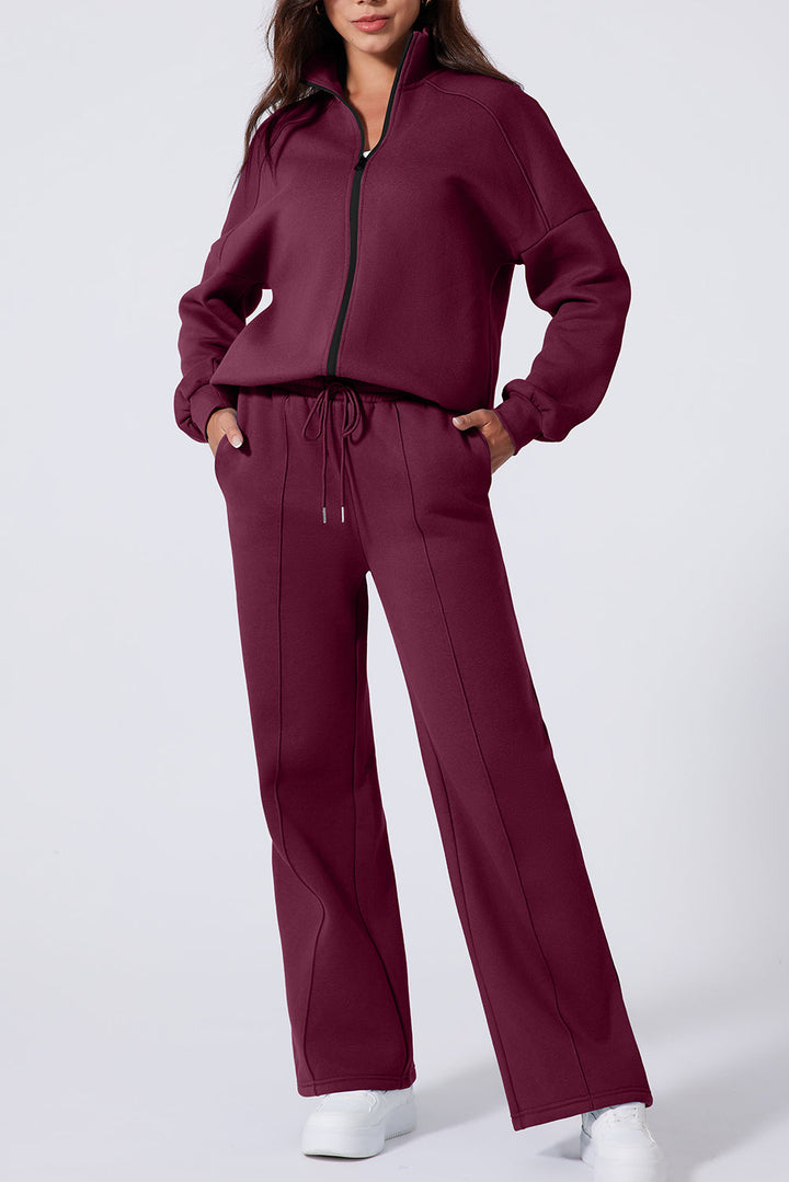 Burgundy Drop Shoulder Zip Up Jacket Drawstring Pants Active 2pcs Set Dear-Lover Dropshipping