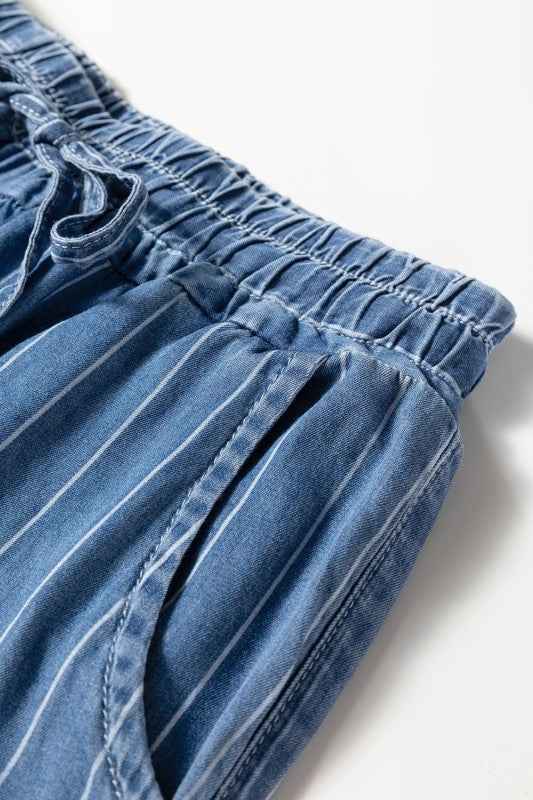 Stripe Chambray Tied Elastic Waist Trousers