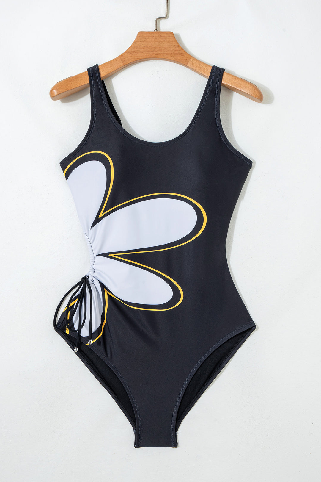 Black Drawstring Big Hole Floral Print Sleeveless One Piece Swimsuit Dear-Lover Dropshipping
