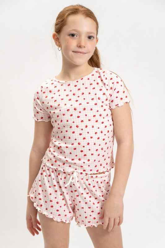 Girls Strawberry Print Short Sleeve Top and Shorts Set
