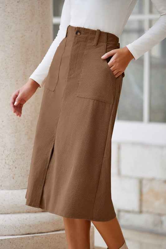 Solid High Waist Front-Slit Midi Skirt