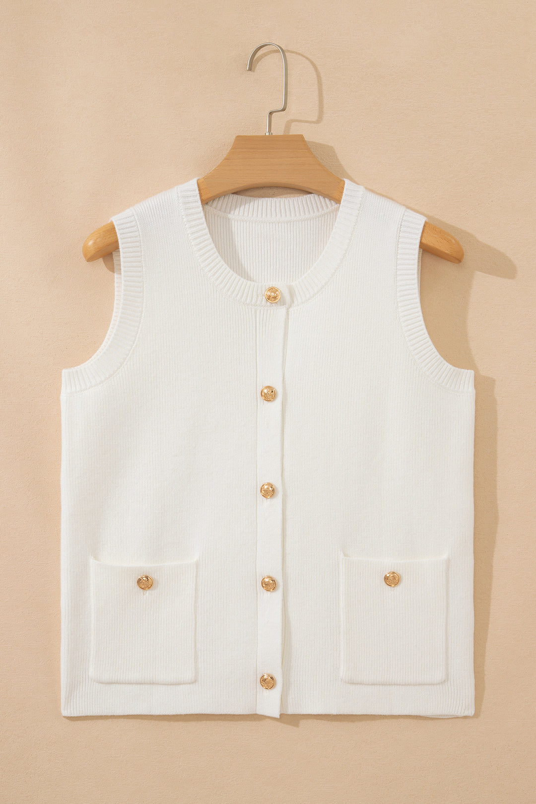 Yellow Cream Solid Color Sleeveless Knit Button Pocketed Sweater Dear-Lover Dropshipping