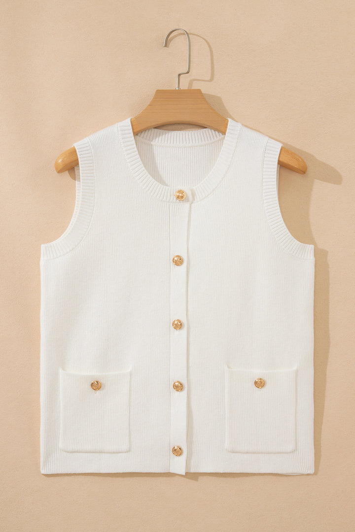 Yellow Cream Solid Color Sleeveless Knit Button Pocketed Sweater Dear-Lover Dropshipping