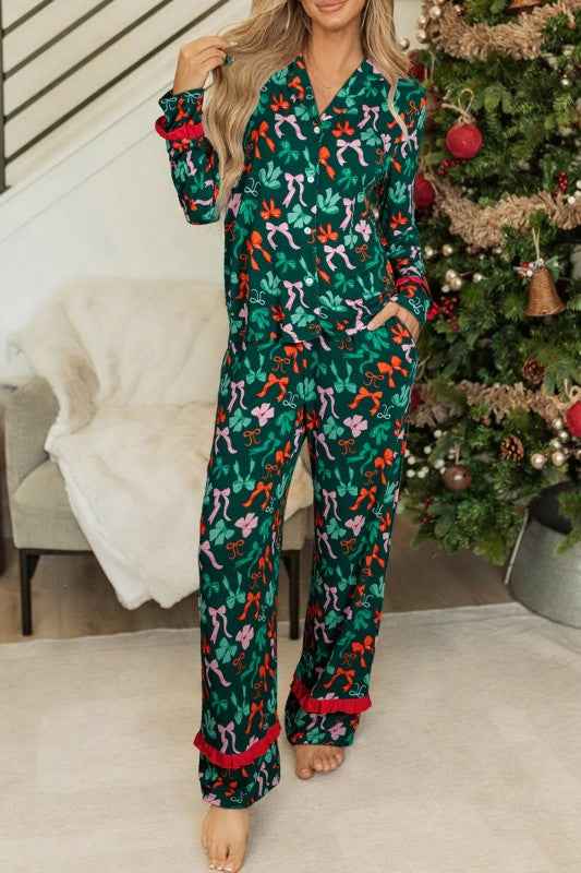 Bow Button-Up Top and Pants Pajama Set