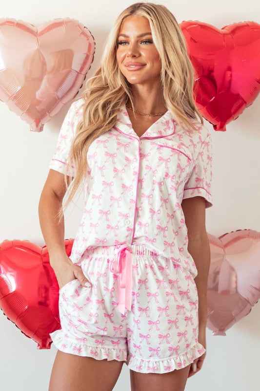 Bow Short Sleeve Top and Shorts Pajama Set